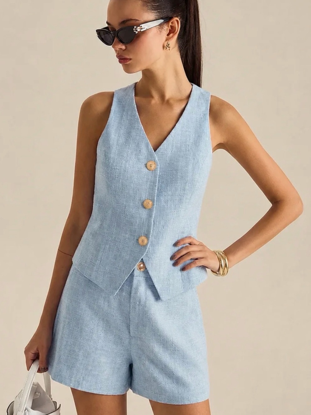 Textured Metal Button Vest & Shorts Set